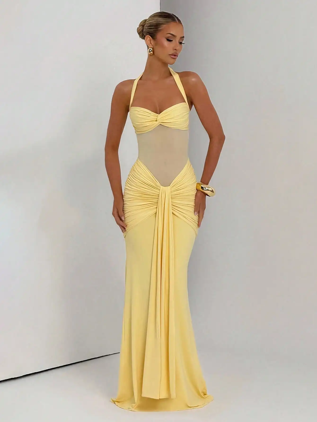 Yellow Halter Neck Ruched Maxi Dress with Twist Front and Sheer Panel for Party or Vacation - Image 6