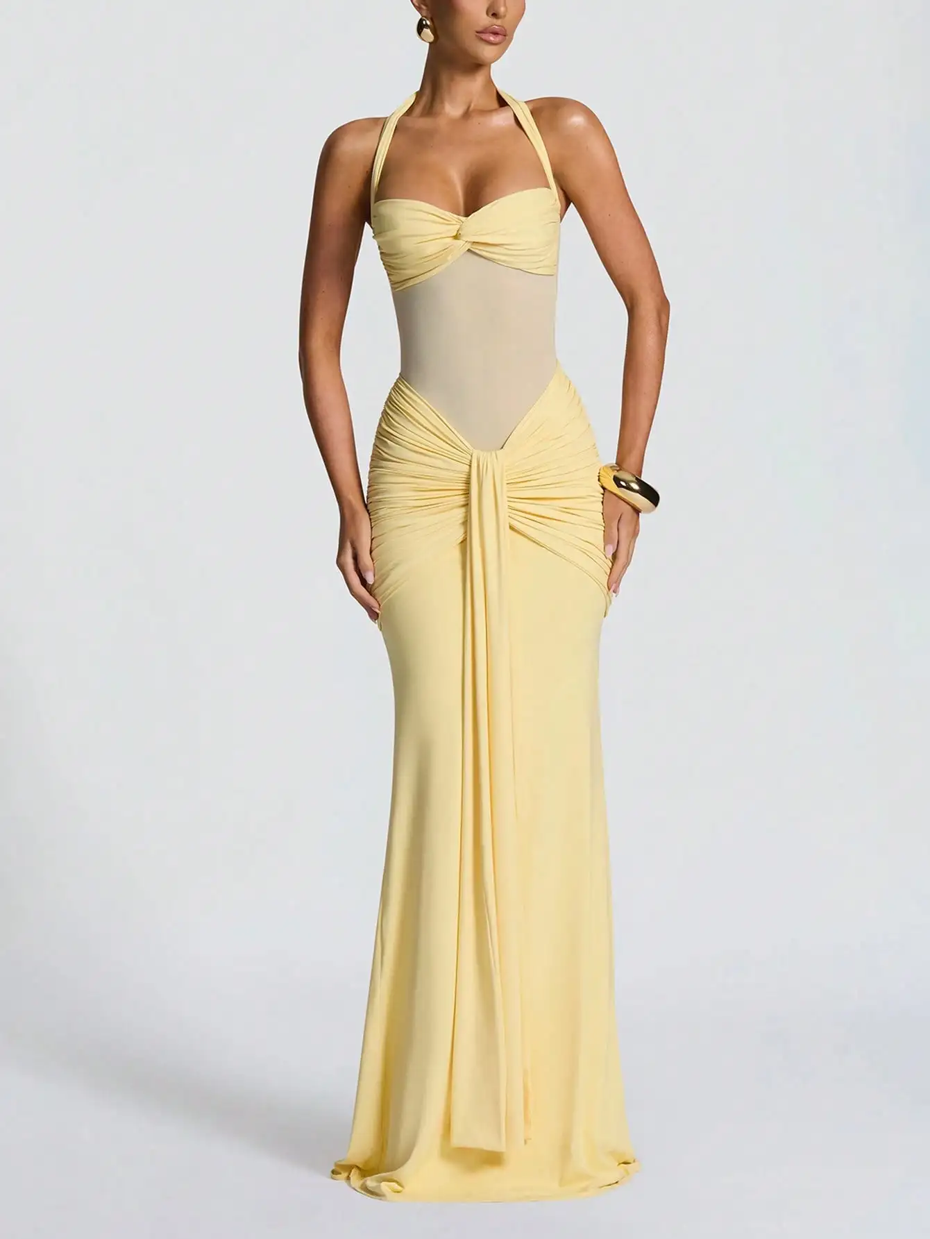 Yellow Halter Neck Ruched Maxi Dress with Twist Front and Sheer Panel for Party or Vacation - Image 4