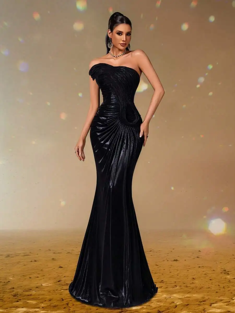 Strapless Mermaid Evening Gown with Ruched Bodice, Floor-Length Train, Glamorous Prom & Wedding Guest Dress