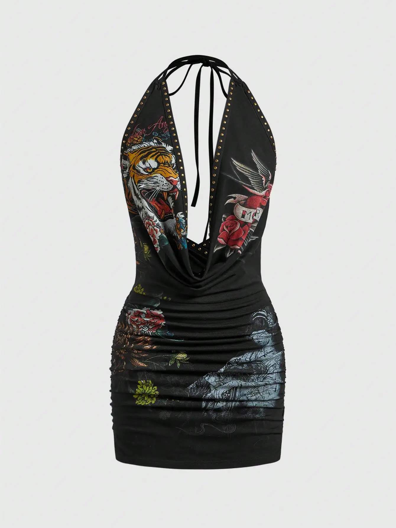 Sexy Tattoo Print Plunging Halter Neck Ruched Mini Dress for Women