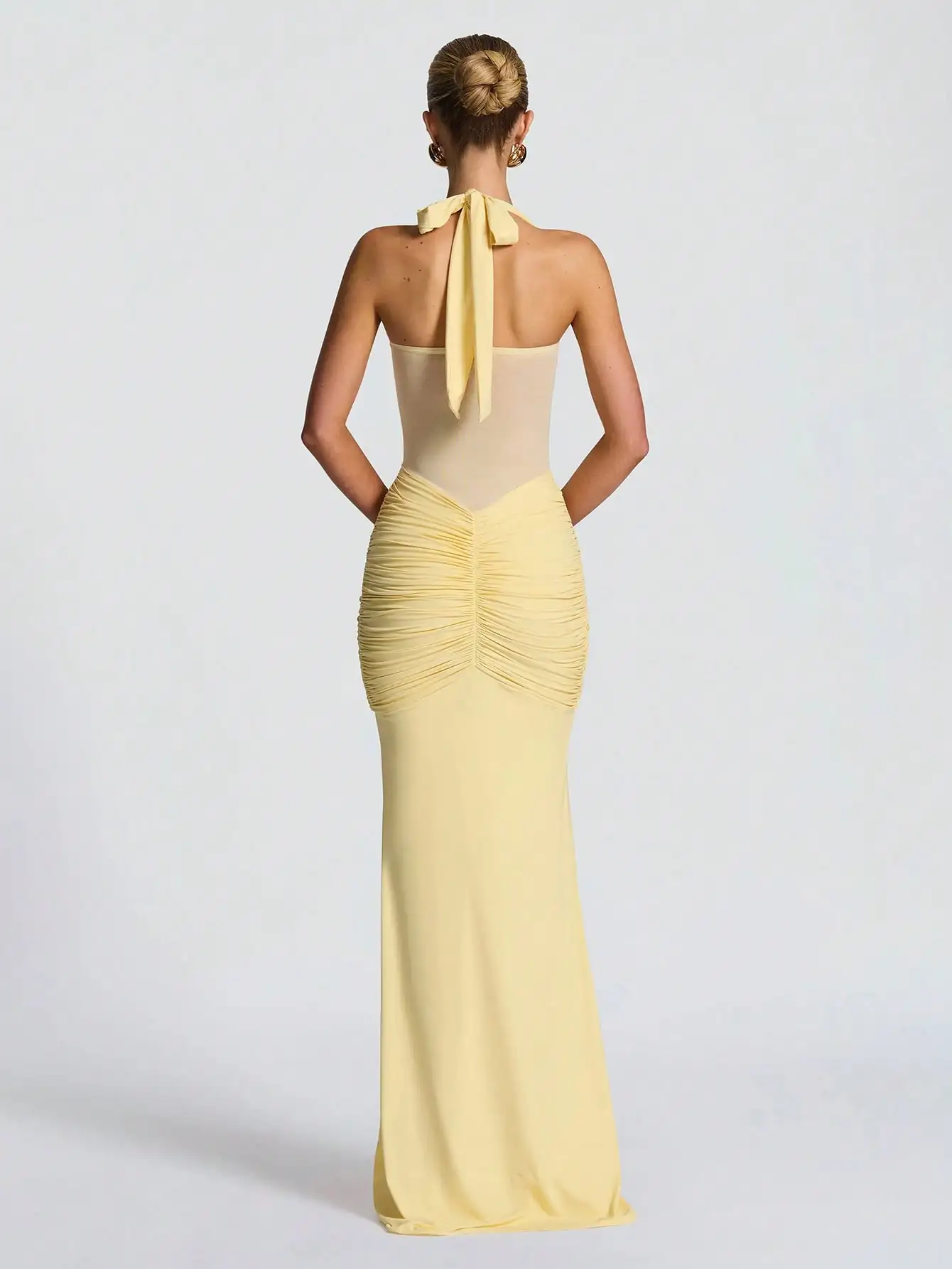 Yellow Halter Neck Ruched Maxi Dress with Twist Front and Sheer Panel for Party or Vacation - Image 2