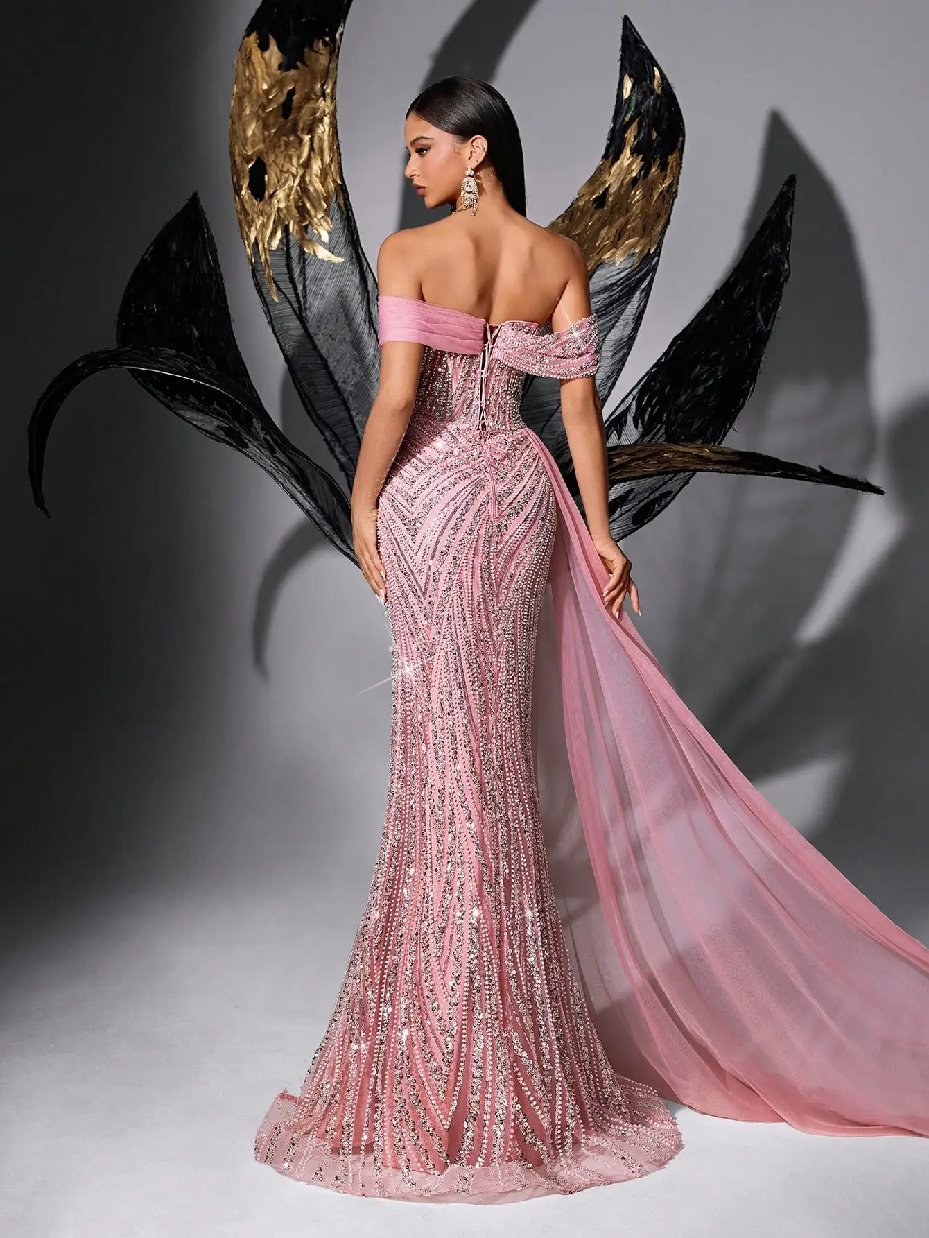Pink Sequin Beaded Off-Shoulder High Slit Fishtail Evening Dress for Prom Gala - Image 2