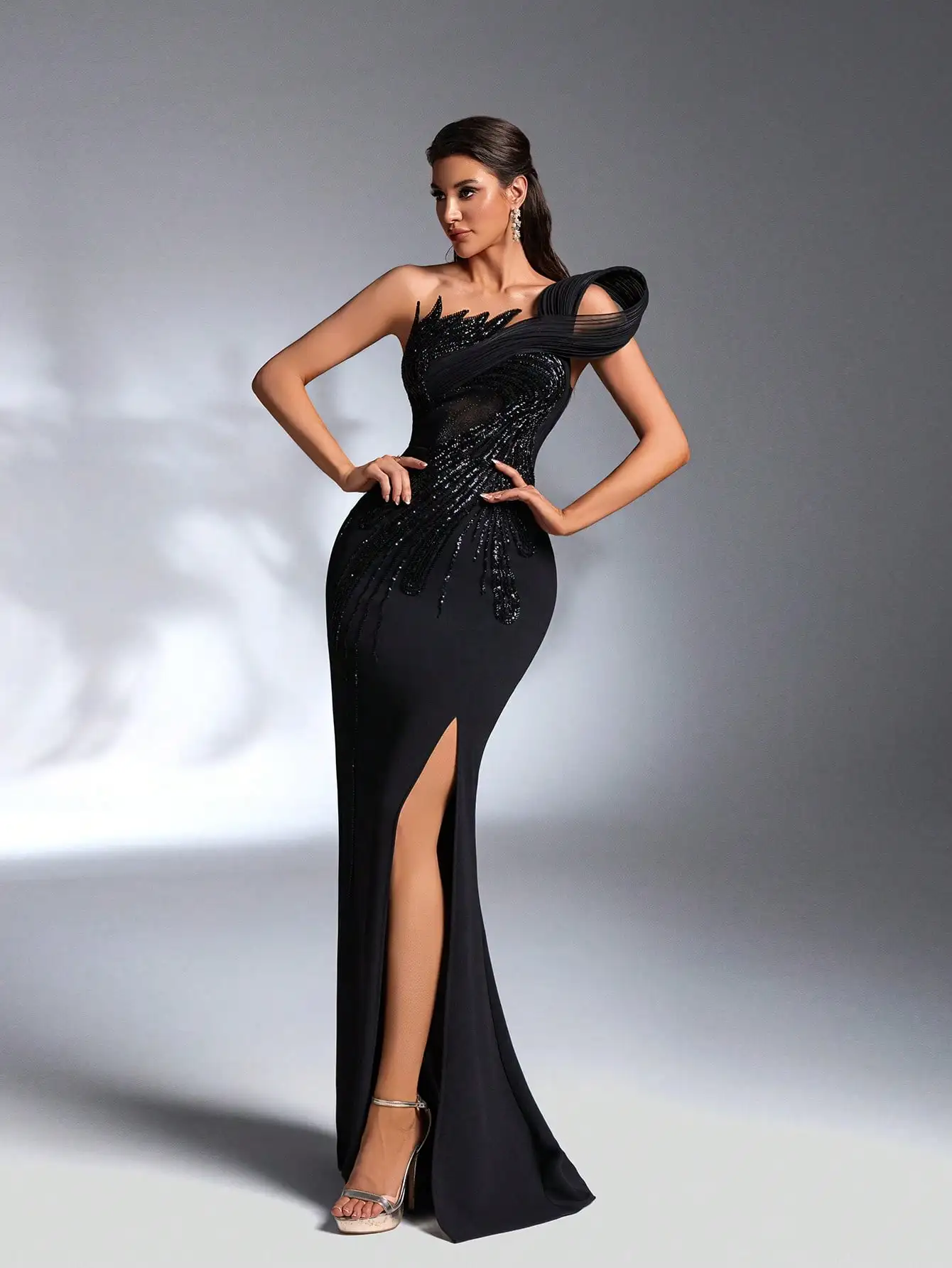 Black One-Shoulder Beaded Sequin Evening Gown with Pleated Detail, Formal Party Wedding Dress - Image 4