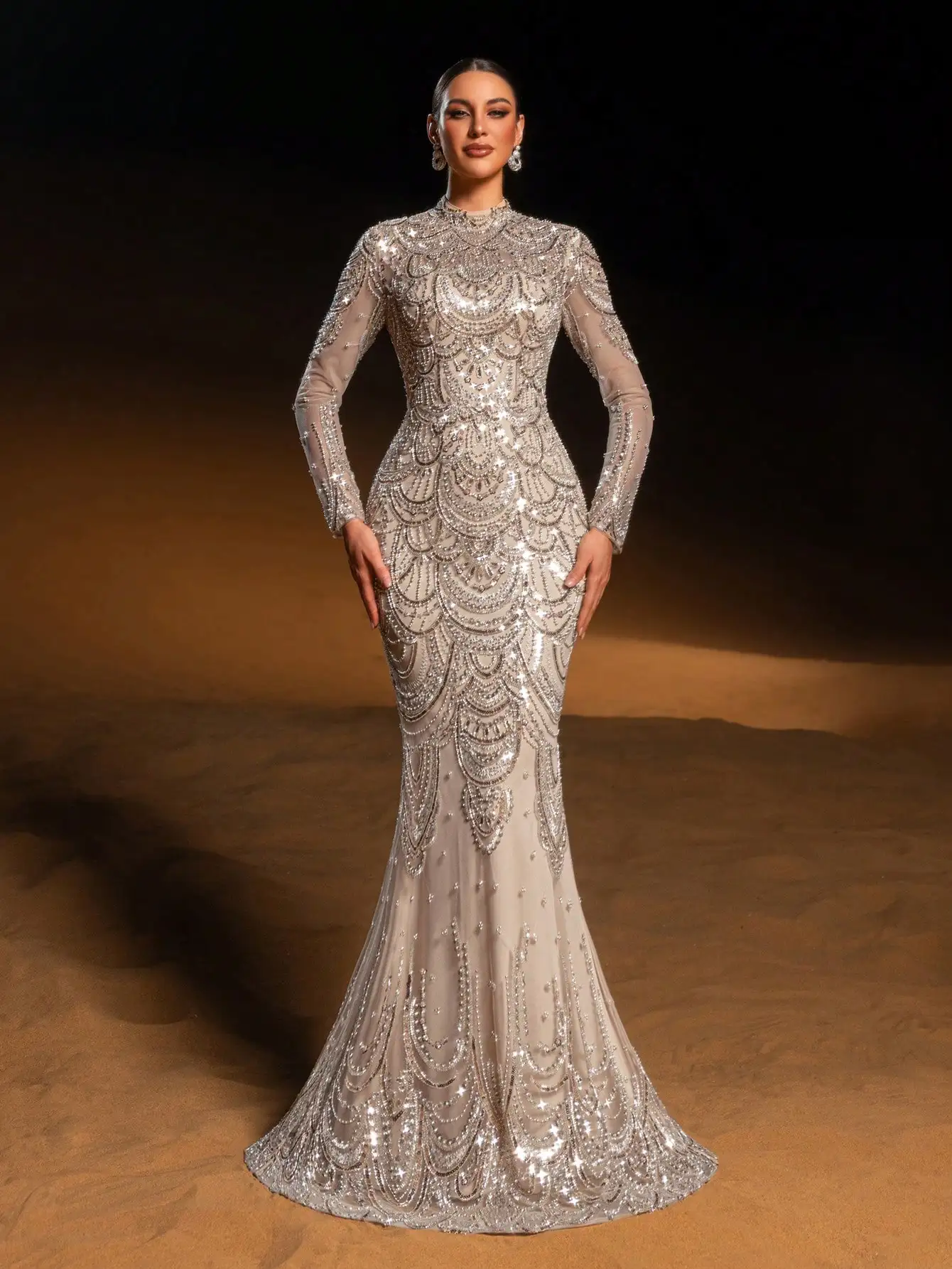 Elegant Mermaid Evening Gown with Sparkly Beadwork Sequins High Neck Long Sleeve Formal Dress for Gala Wedding Reception - Image 3