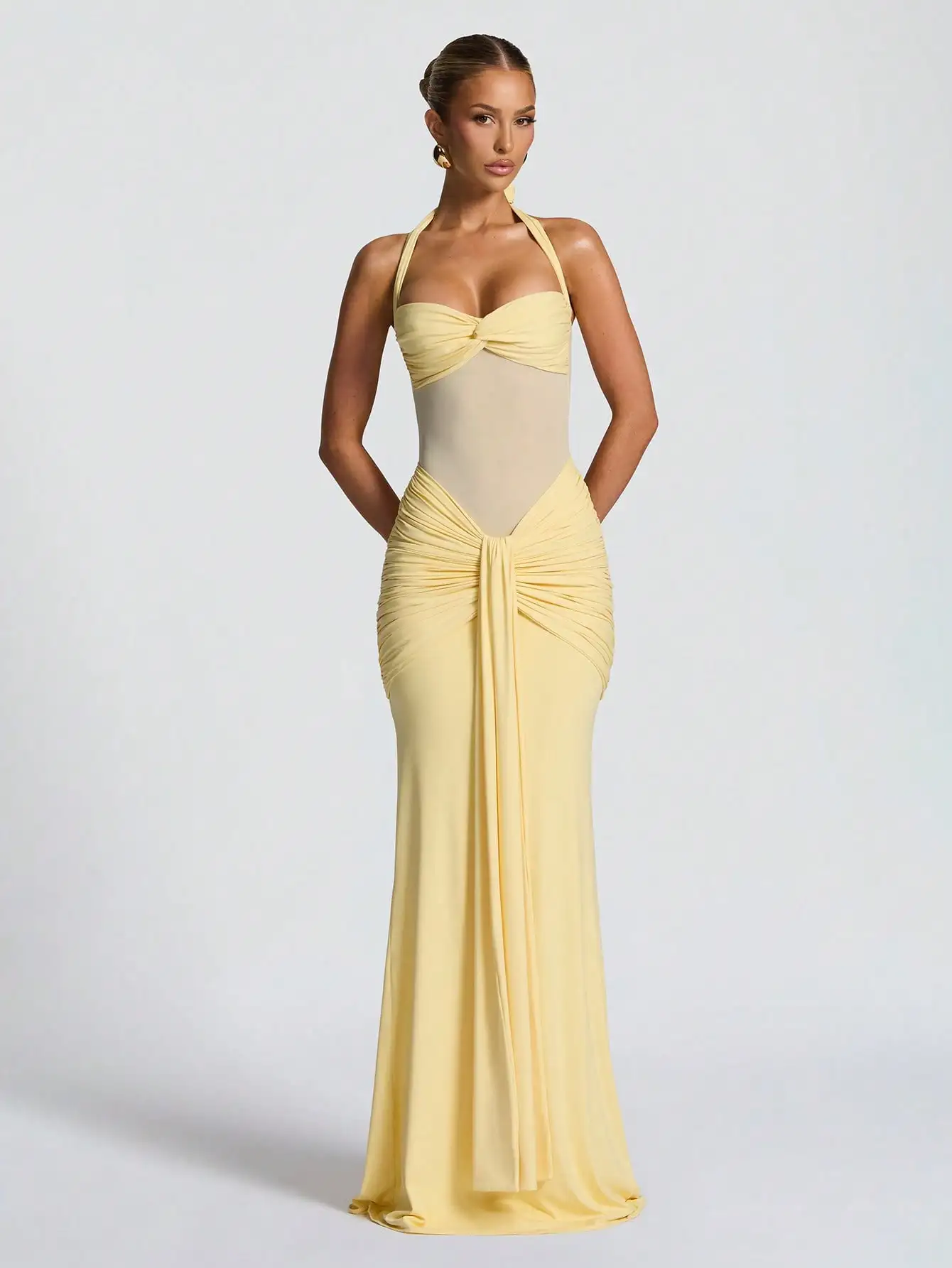 Yellow Halter Neck Ruched Maxi Dress with Twist Front and Sheer Panel for Party or Vacation