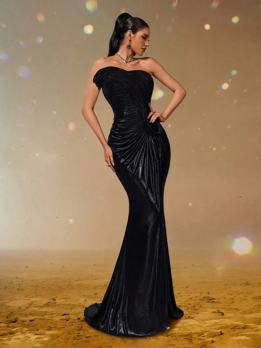 Strapless Mermaid Evening Gown with Ruched Bodice, Floor-Length Train, Glamorous Prom & Wedding Guest Dress - Image 3