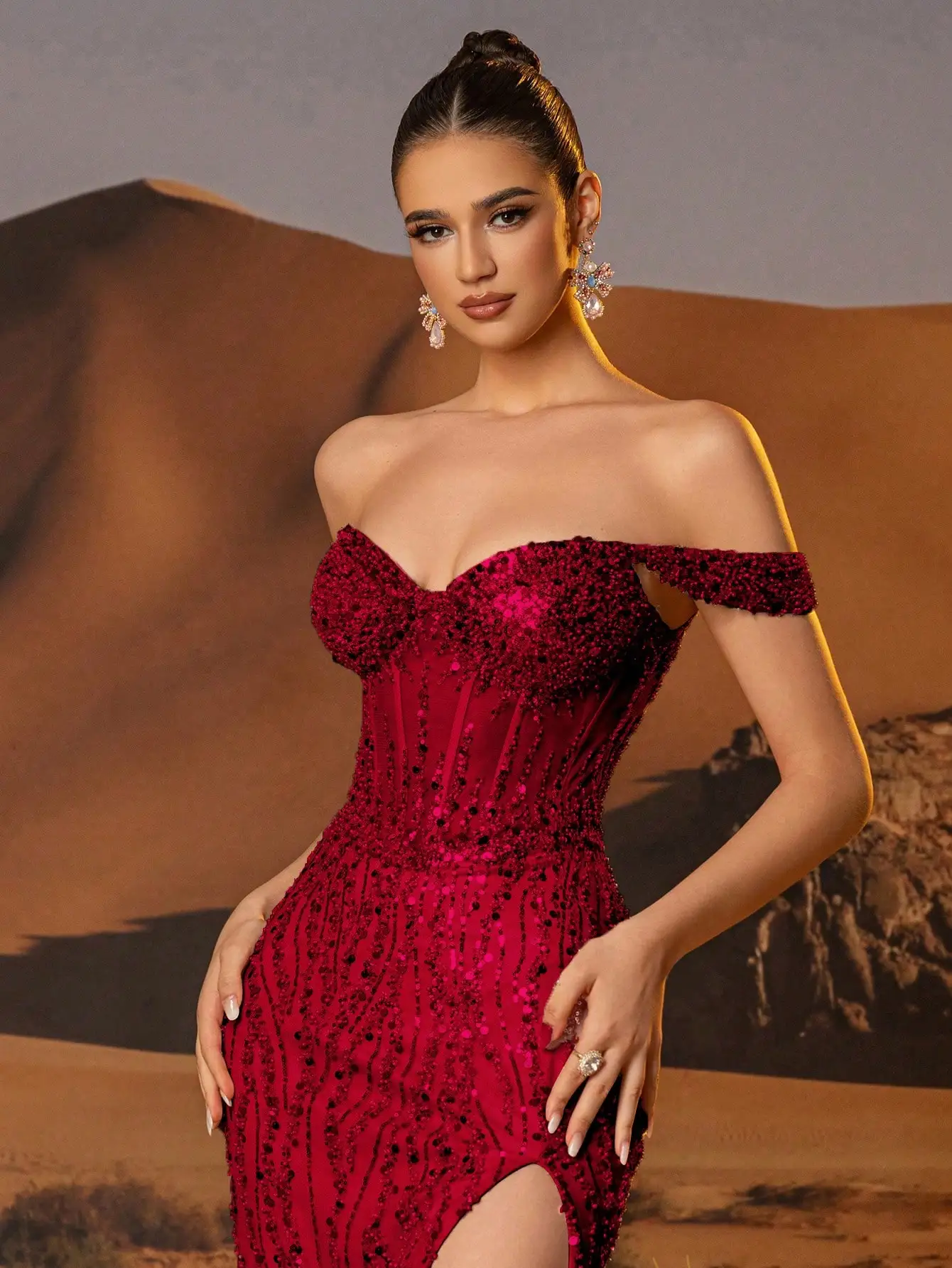 Sparkly Off Shoulder Mermaid Evening Dress with High Slit for Prom & Formal Parties - Image 4
