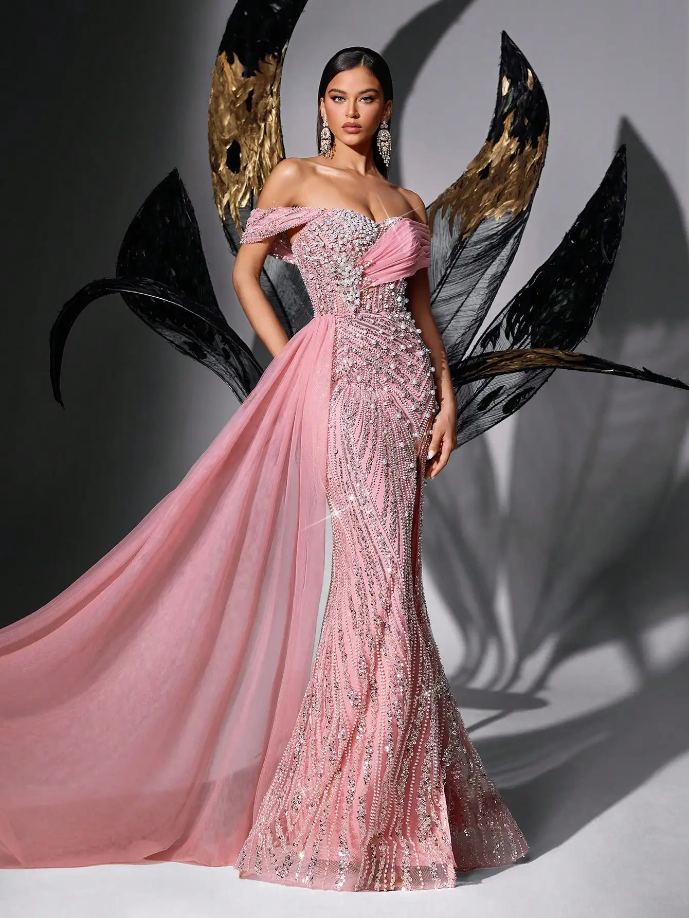 Pink Sequin Beaded Off-Shoulder High Slit Fishtail Evening Dress for Prom Gala - Image 4