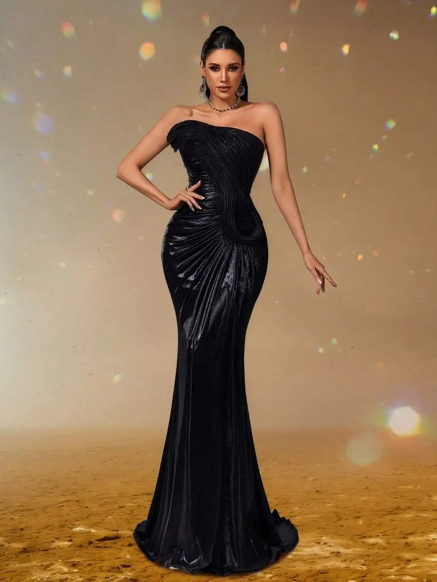Strapless Mermaid Evening Gown with Ruched Bodice, Floor-Length Train, Glamorous Prom & Wedding Guest Dress - Image 4