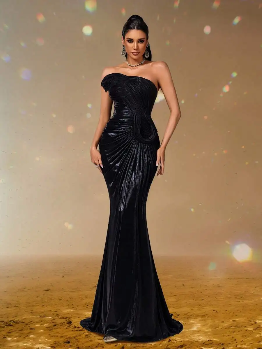 Strapless Mermaid Evening Gown with Ruched Bodice, Floor-Length Train, Glamorous Prom & Wedding Guest Dress - Image 5