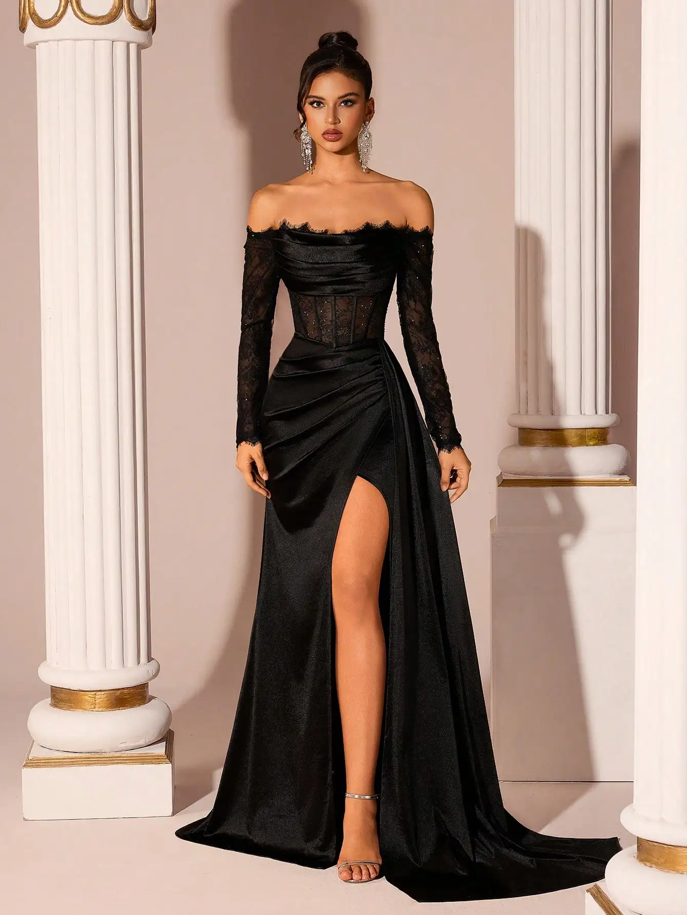 Women's Elegant One-Shoulder Long Sleeve Lace Patchwork Sheer Slit Long Satin Tie Backless Maxi Dress, Suitable For Prom - Image 3