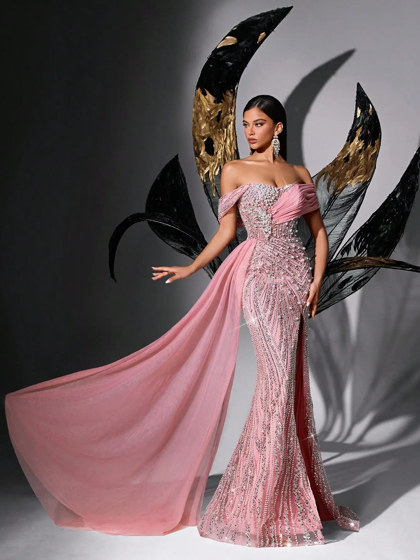 Pink Sequin Beaded Off-Shoulder High Slit Fishtail Evening Dress for Prom Gala