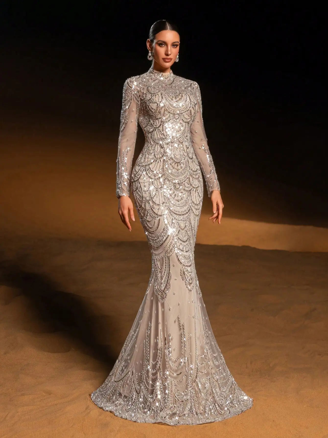 Elegant Mermaid Evening Gown with Sparkly Beadwork Sequins High Neck Long Sleeve Formal Dress for Gala Wedding Reception