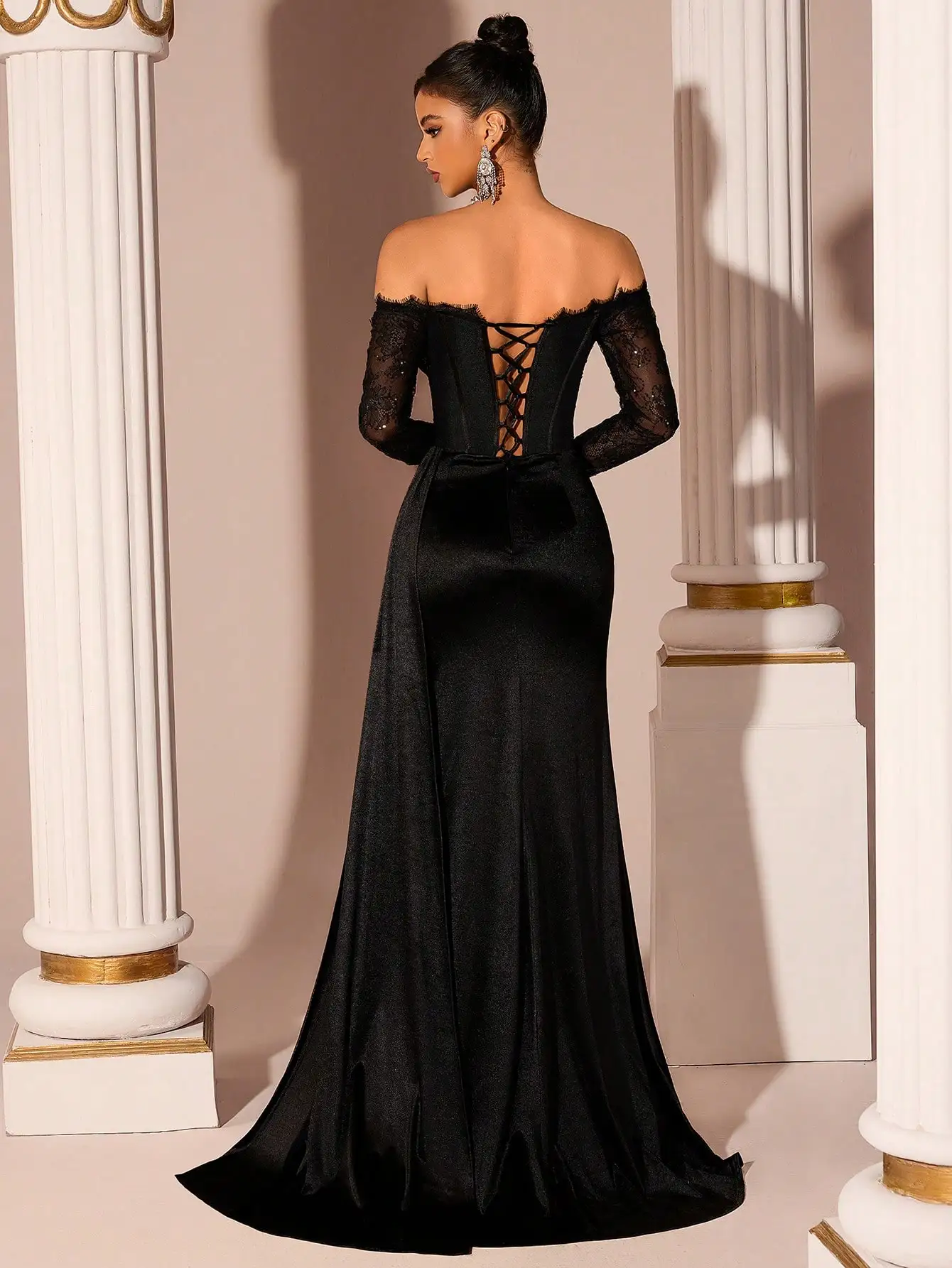 Women's Elegant One-Shoulder Long Sleeve Lace Patchwork Sheer Slit Long Satin Tie Backless Maxi Dress, Suitable For Prom - Image 2