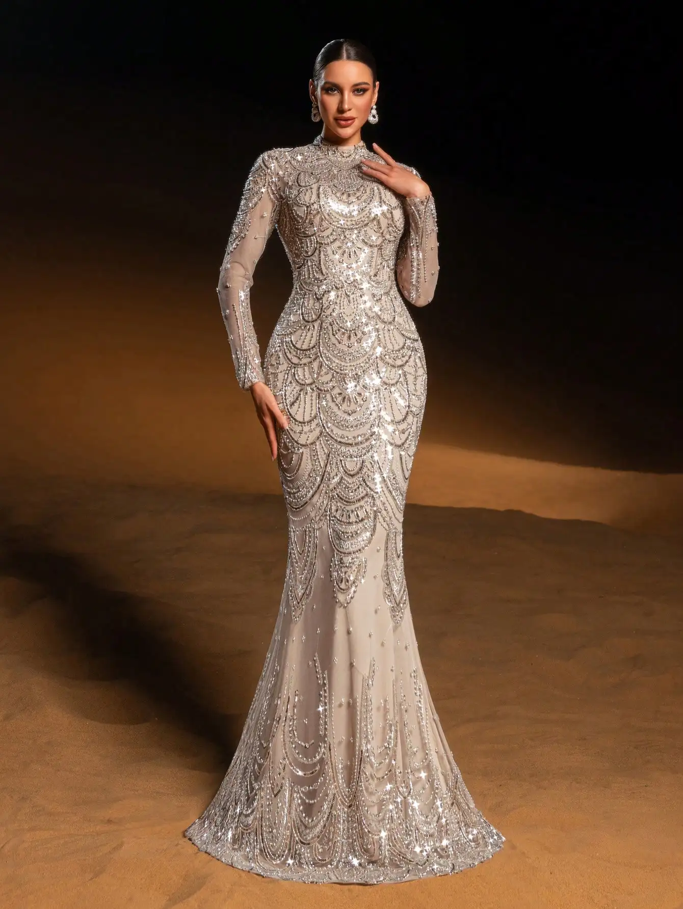 Elegant Mermaid Evening Gown with Sparkly Beadwork Sequins High Neck Long Sleeve Formal Dress for Gala Wedding Reception - Image 5