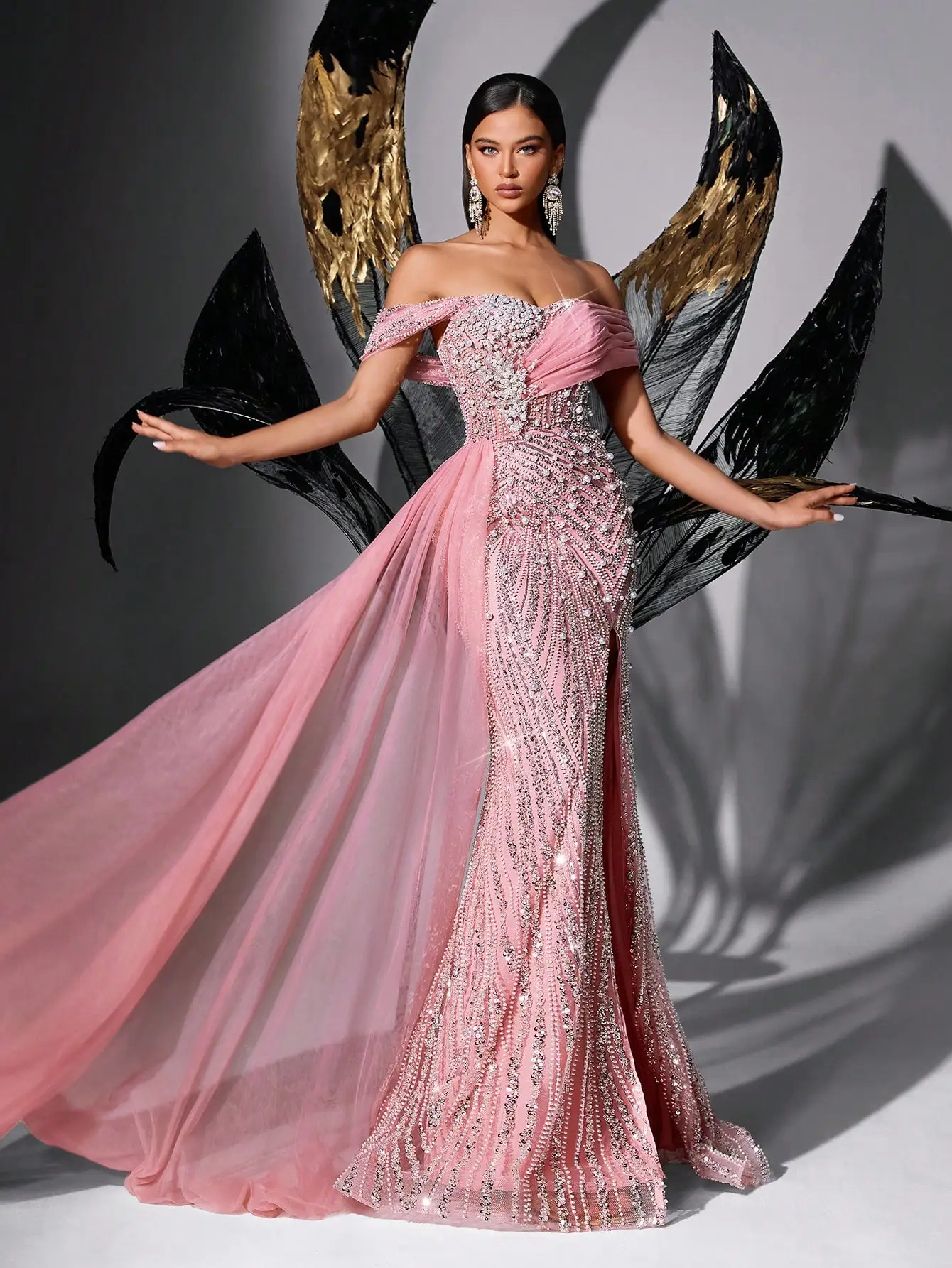 Pink Sequin Beaded Off-Shoulder High Slit Fishtail Evening Dress for Prom Gala - Image 5