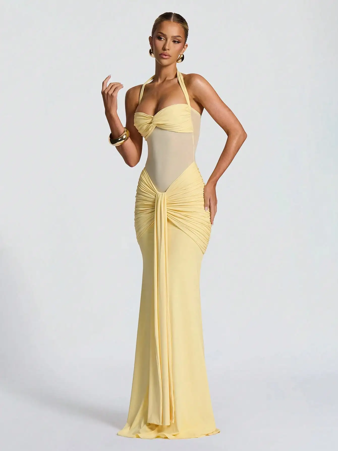 Yellow Halter Neck Ruched Maxi Dress with Twist Front and Sheer Panel for Party or Vacation - Image 3