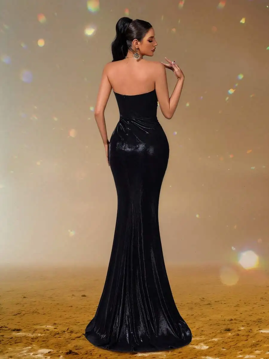 Strapless Mermaid Evening Gown with Ruched Bodice, Floor-Length Train, Glamorous Prom & Wedding Guest Dress - Image 2