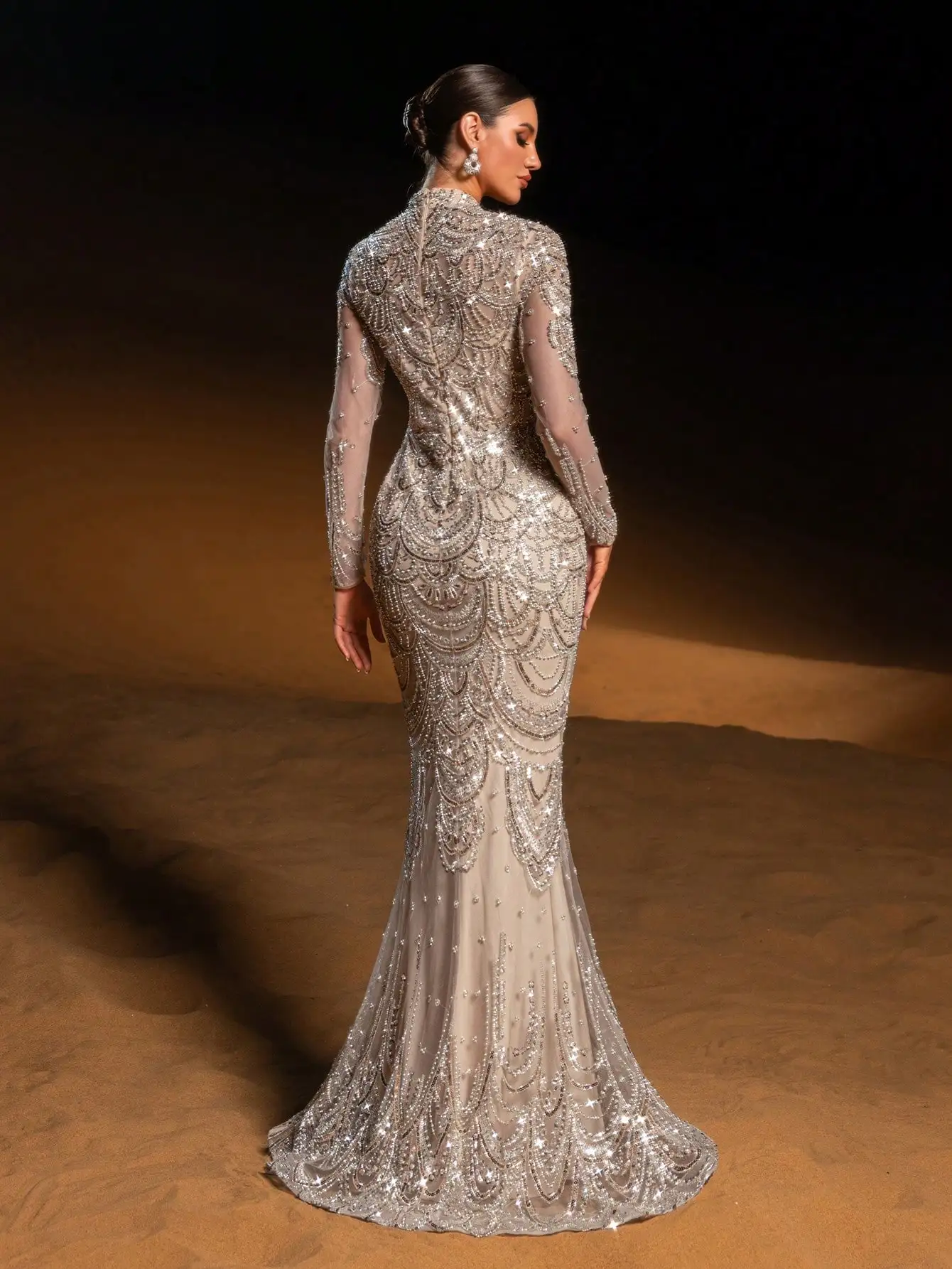 Elegant Mermaid Evening Gown with Sparkly Beadwork Sequins High Neck Long Sleeve Formal Dress for Gala Wedding Reception - Image 2