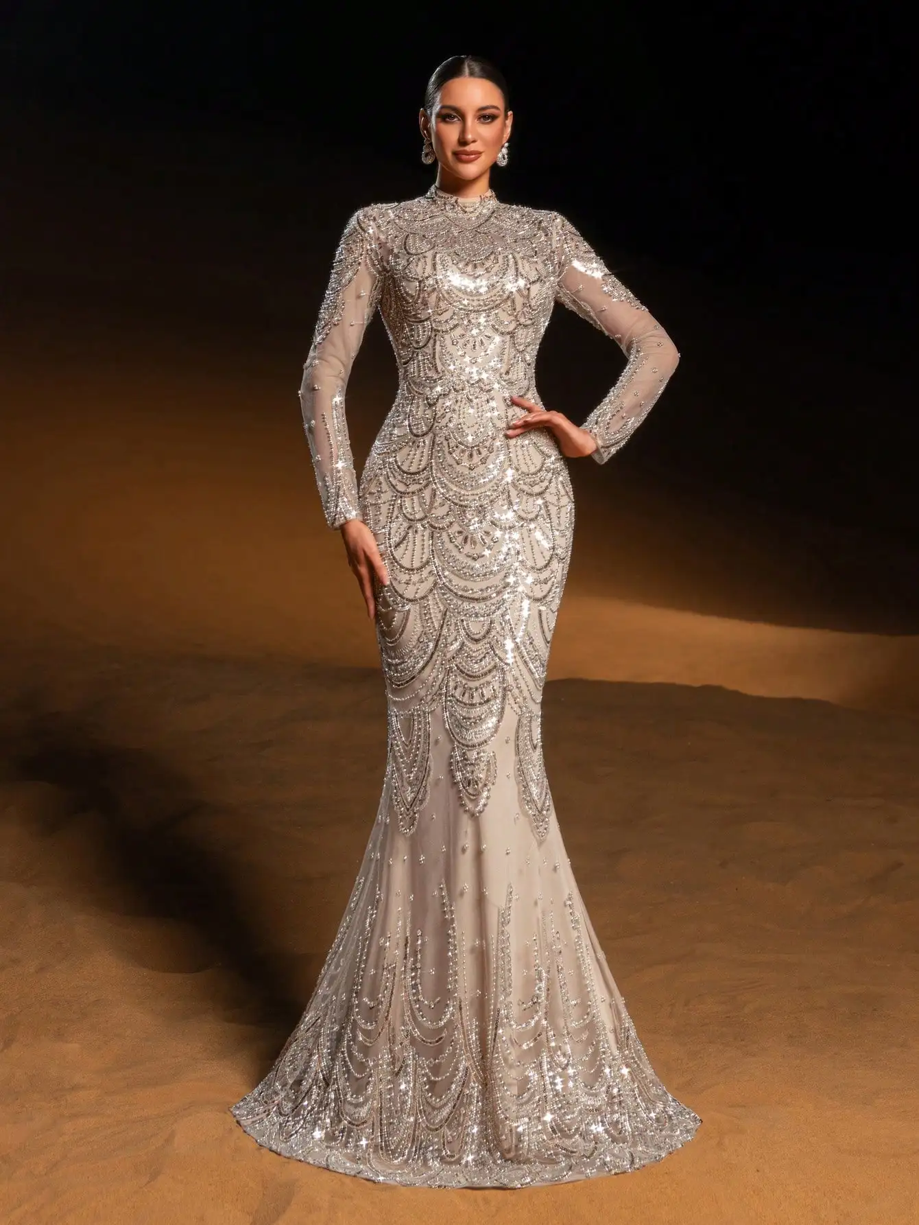 Elegant Mermaid Evening Gown with Sparkly Beadwork Sequins High Neck Long Sleeve Formal Dress for Gala Wedding Reception - Image 4
